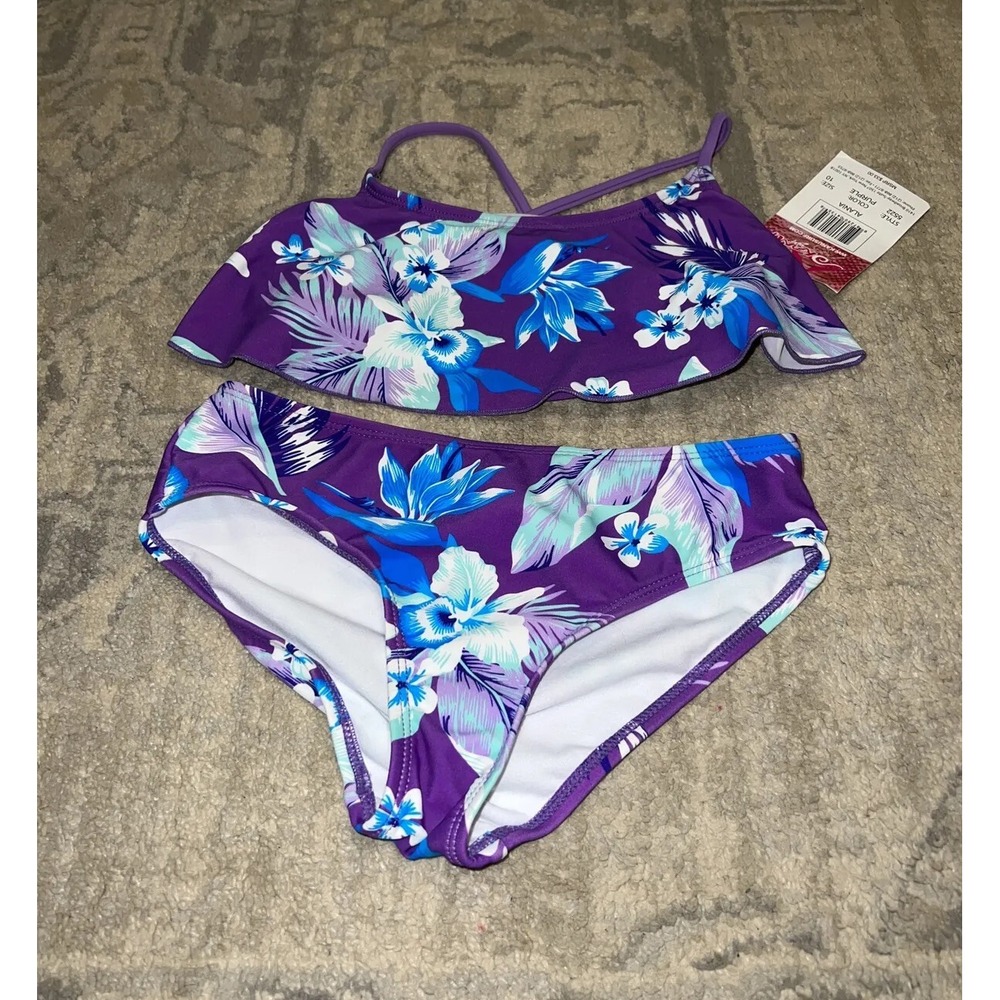 New Kanu Surf Alania Flounce 2 Piece Bikini Beach Floral Purple 10 Youth Girls